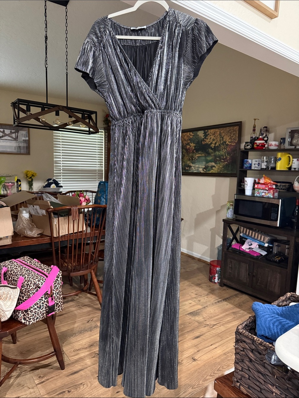 Silver Metallic Pleated Maxi Dress with V-Neck